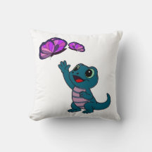 Cute Teal Cartoon Lizard Reaching for Butterflies