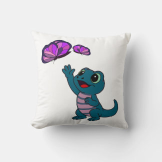 Cute Teal Cartoon Lizard Reaching for Butterflies Throw Pillow