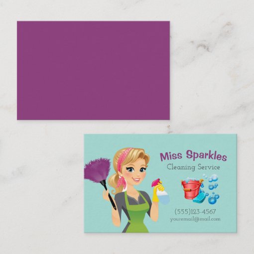 Cute Teal Cartoon Maid House Cleaning Services Business Card | Zazzle