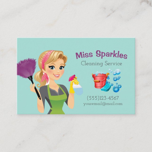 Cute Teal Cartoon Maid House Cleaning Services Business Card (Front)