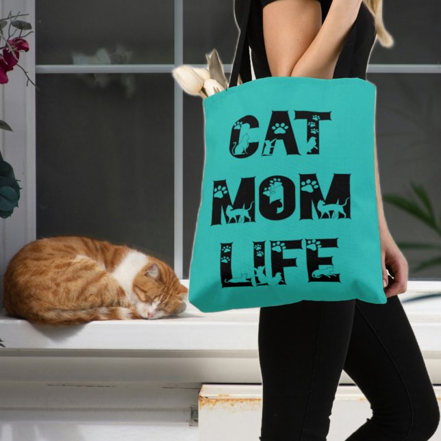 Cute Teal Cat Mom Life Modern Chic Mother's Day Tote Bag (Creator Uploaded)