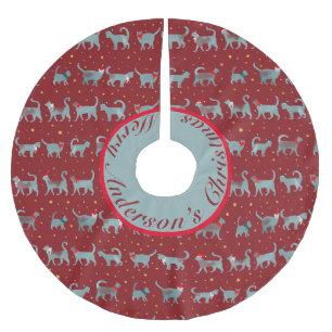 Cute Teal Cat Silhouettes in Christmas Personalize Brushed Polyester Tree Skirt