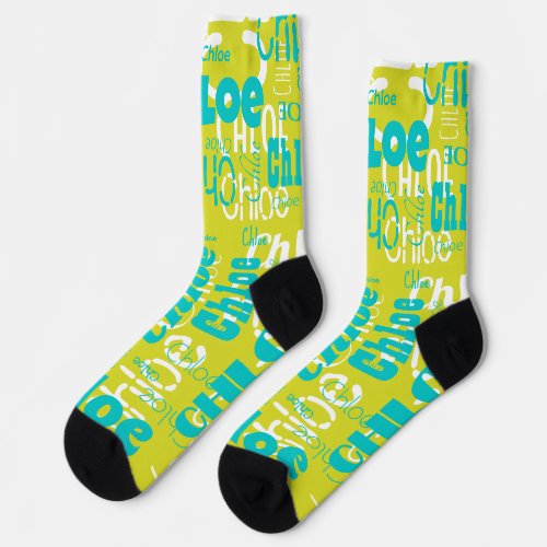 Cute Teal  Chartreuse Fun Custom Name Pattern Socks