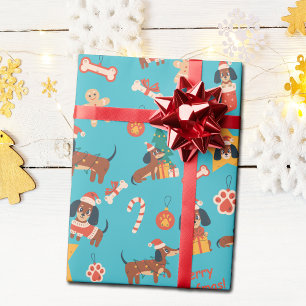 Cute Teal Christmas Dachshund Merry Woofmas Wrapping Paper