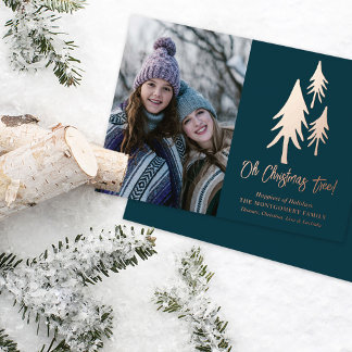 Cute Teal Christmas Tree Photo Foil Holiday Card