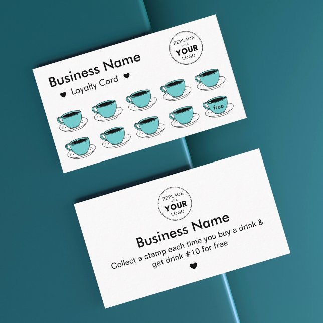 Cute Teal Coffee Cups Add Your Logo Minimal Plain  Loyalty Card (Creator Uploaded)