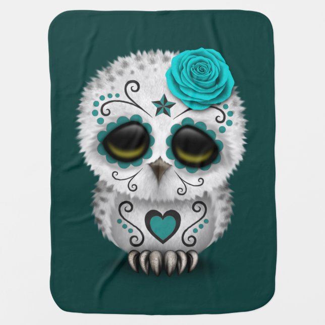 Cute Teal Day of the Dead Sugar Skull Owl Baby Blanket (Front)