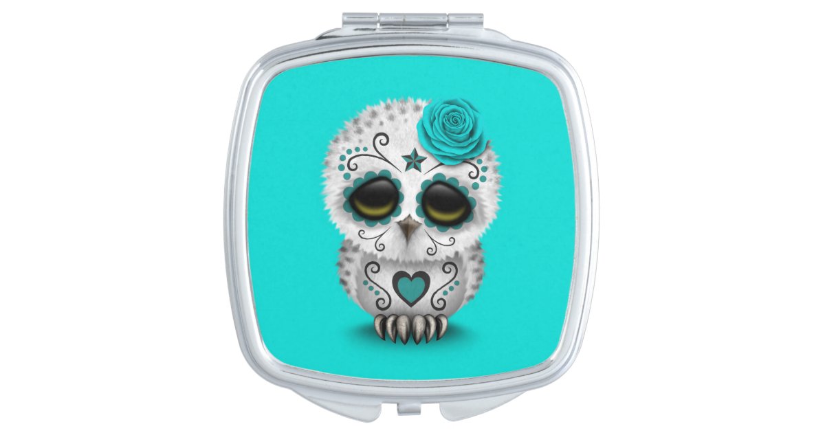 Cute Teal Day Of The Dead Sugar Skull Owl Blue Vanity Mirror Zazzle Com