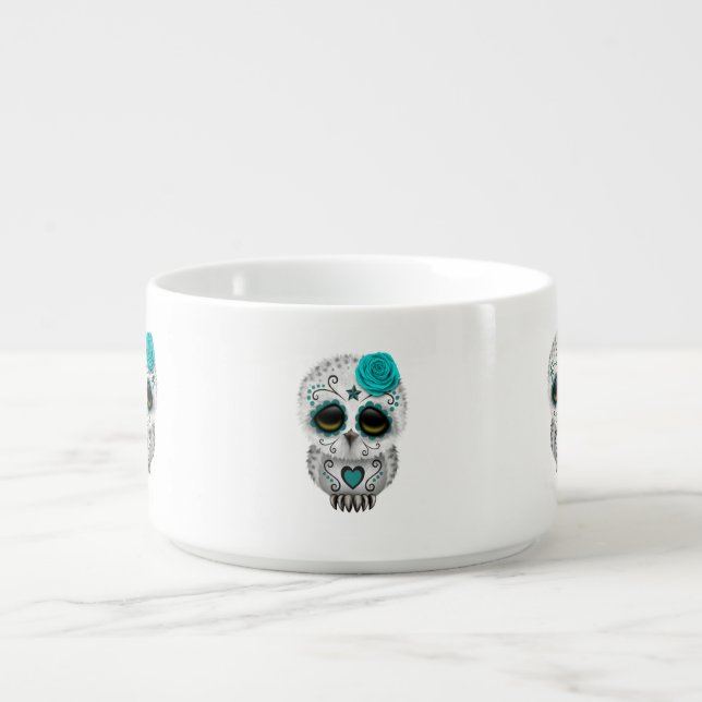 Cute Teal Day of the Dead Sugar Skull Owl Bowl (Center)