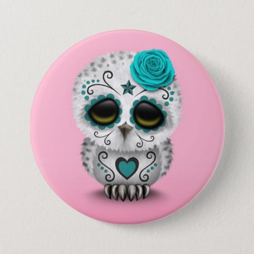 Cute Teal Day of the Dead Sugar Skull Owl Pink Button
