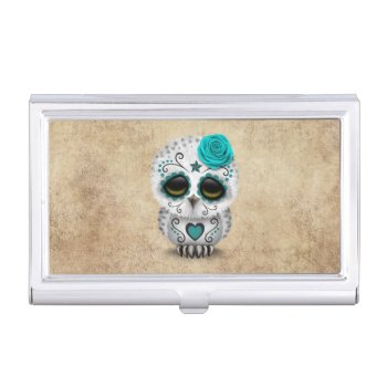 Cute Teal Day Of The Dead Sugar Skull Owl Rough Case For Business Cards by crazycreatures at Zazzle