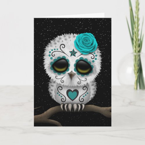 Cute Teal Day of the Dead Sugar Skull Owl Stars Card