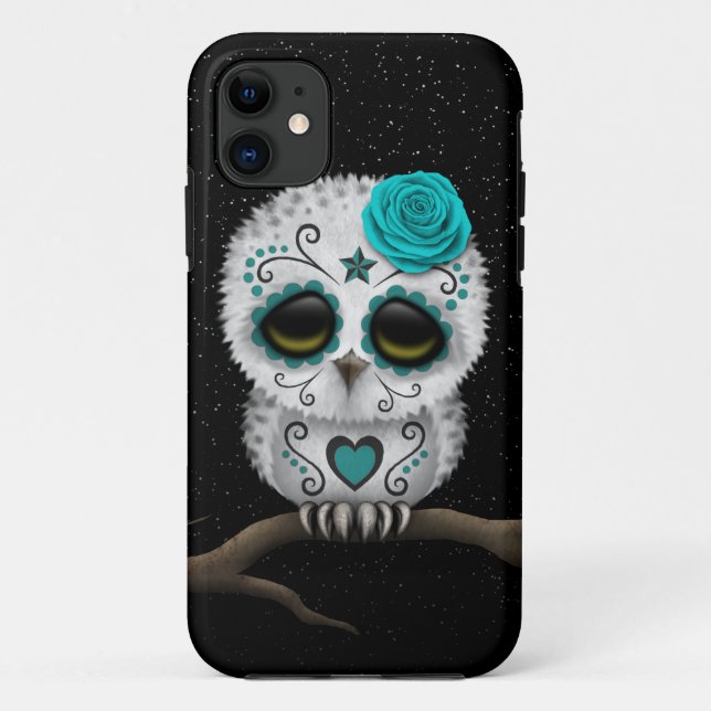 Cute Teal Day of the Dead Sugar Skull Owl Stars Case-Mate iPhone Case (Back)