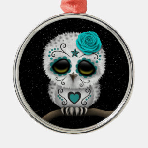Cute Teal Day of the Dead Sugar Skull Owl Stars Metal Ornament