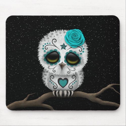 Cute Teal Day of the Dead Sugar Skull Owl Stars Mouse Pad