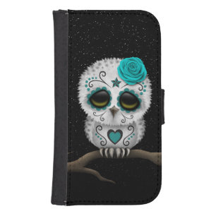 Cute Teal Day of the Dead Sugar Skull Owl Stars Galaxy S4 Wallet Case