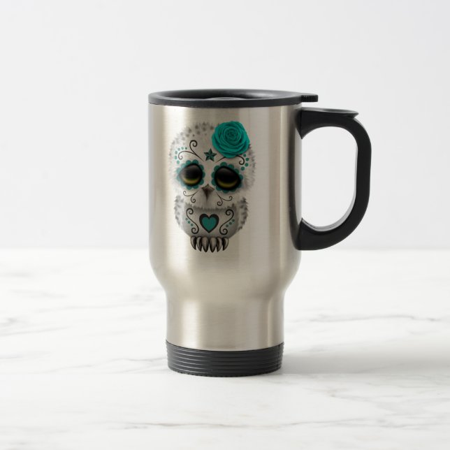 Cute Teal Day of the Dead Sugar Skull Owl Travel Mug (Right)