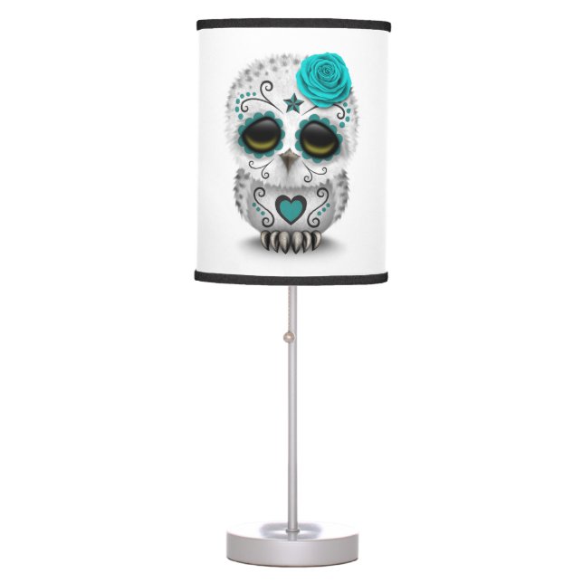 Cute Teal Day of the Dead Sugar Skull Owl White Table Lamp (Front)