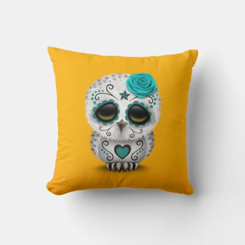 Cute Teal Day of the Dead Sugar Skull Owl Yellow Throw Pillow