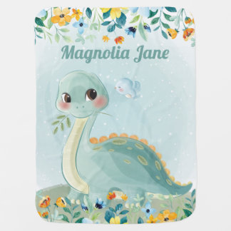 Cute Teal Dinosaur Baby Blanket with Blush Flowers