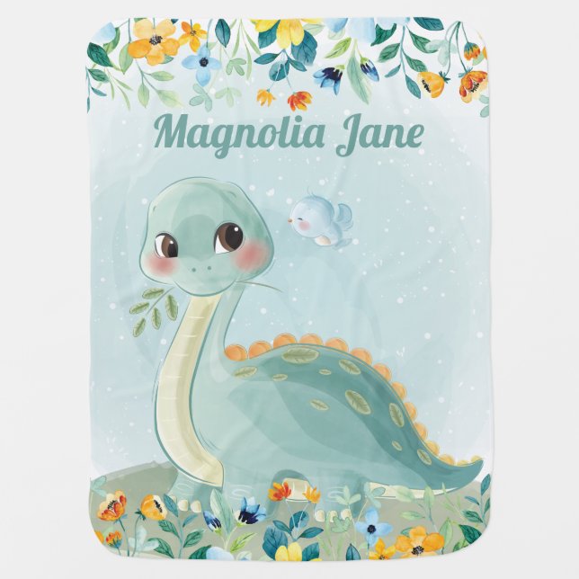Cute Teal Dinosaur Baby Blanket with Blush Flowers (Front)