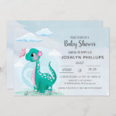 Cute Teal Dinosaur Baby Shower Invitation (Front/Back)