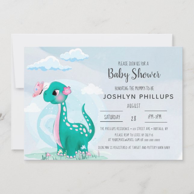 Cute Teal Dinosaur Baby Shower Invitation (Front)