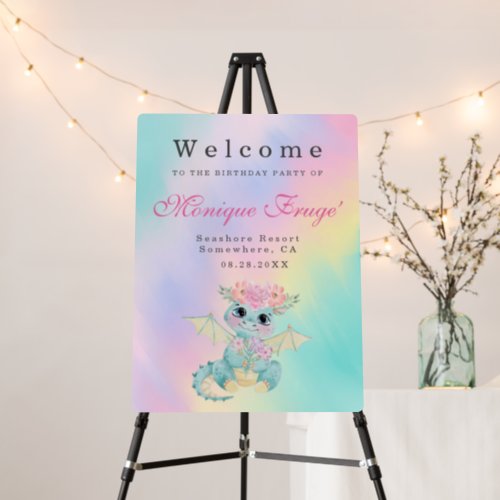 Cute Teal Dragon Girl Birthday Party Welcome Sign