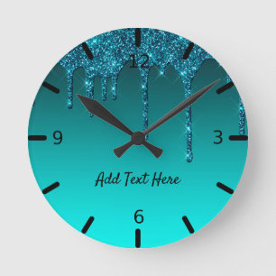 Cute Teal Dripping Glitter Round Clock