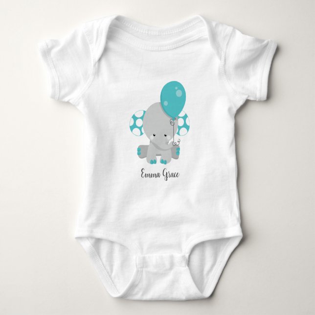 Cute Teal Elephant Baby Girl Monogram Tutu Baby Bodysuit (Front)