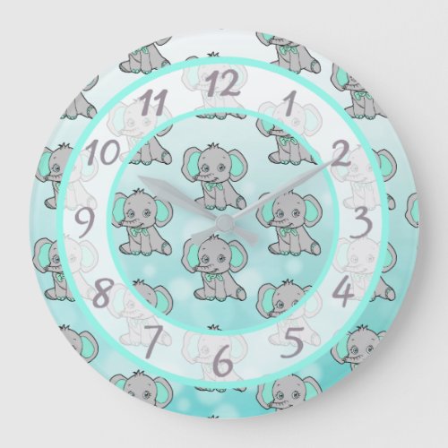 Cute teal elephant childrens or baby nursery large clock