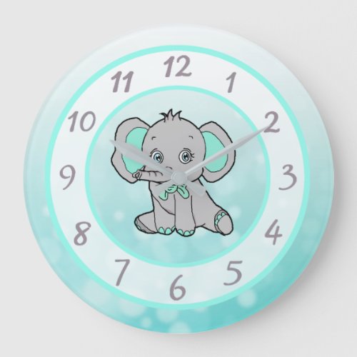 Cute teal elephant childrens or baby nursery large clock