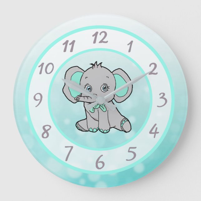 Cute teal elephant children's or baby nursery large clock (Front)