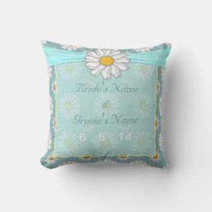 Cute Teal Floral Daisy Wedding Throw Pillow