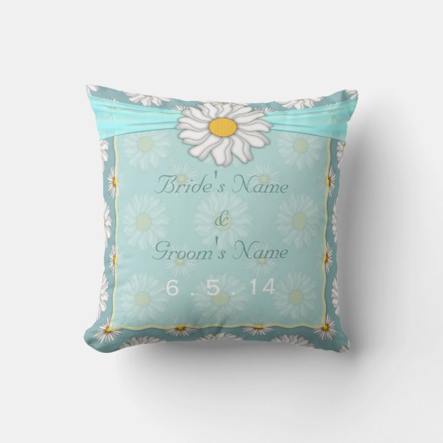 Cute Teal Floral Daisy Wedding Throw Pillow (Front)