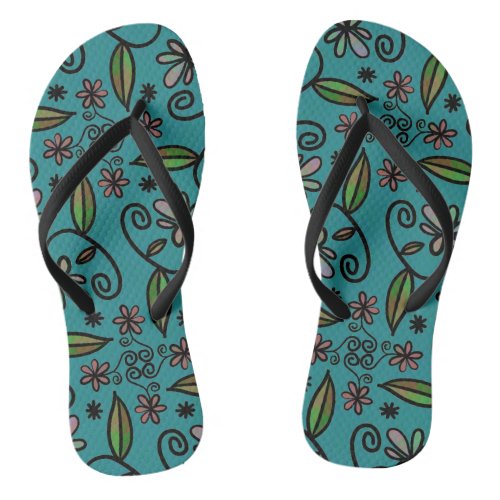 Cute Teal Floral Pattern Flip Flops