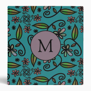 Cute Teal Floral Pattern Monogram 3 Ring Binder