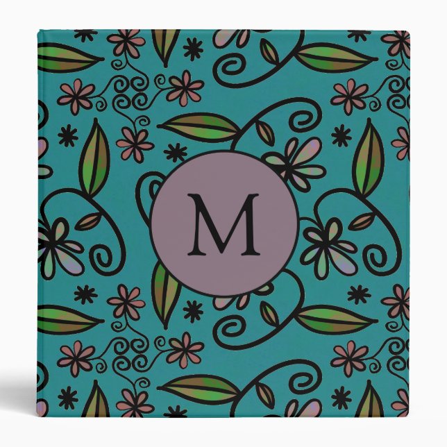 Cute Teal Floral Pattern Monogram 3 Ring Binder (Front)