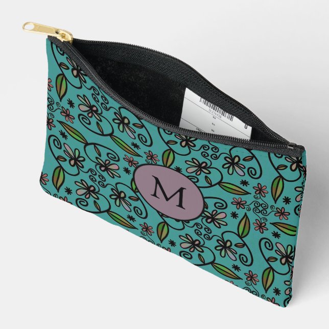 Cute Teal Floral Pattern Monogram Accessory Pouch (Open)