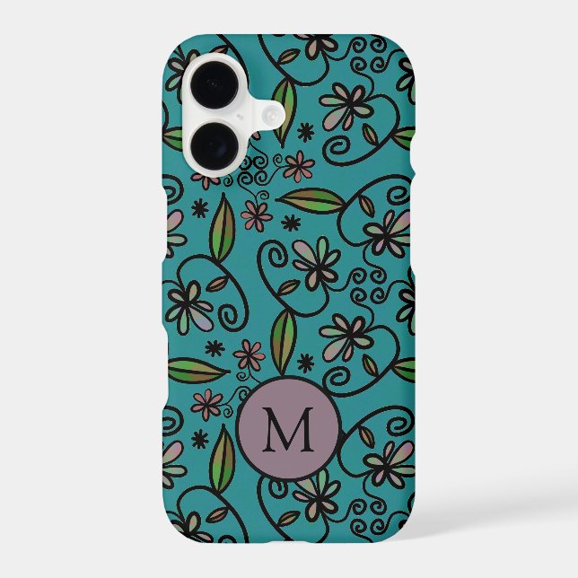 Cute Teal Floral Pattern Monogram Case-Mate iPhone Case (Back)