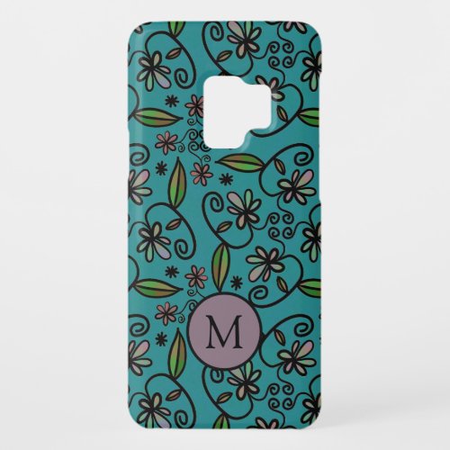 Cute Teal Floral Pattern Monogram Case_Mate Samsung Galaxy S9 Case