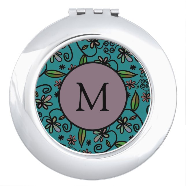 Cute Teal Floral Pattern Monogram Compact Mirror (Front)