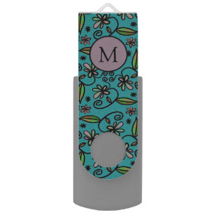 Cute Teal Floral Pattern Monogram Flash Drive
