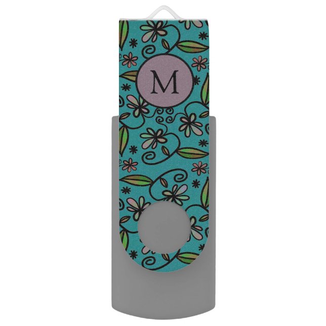 Cute Teal Floral Pattern Monogram Flash Drive (Front Vertical)