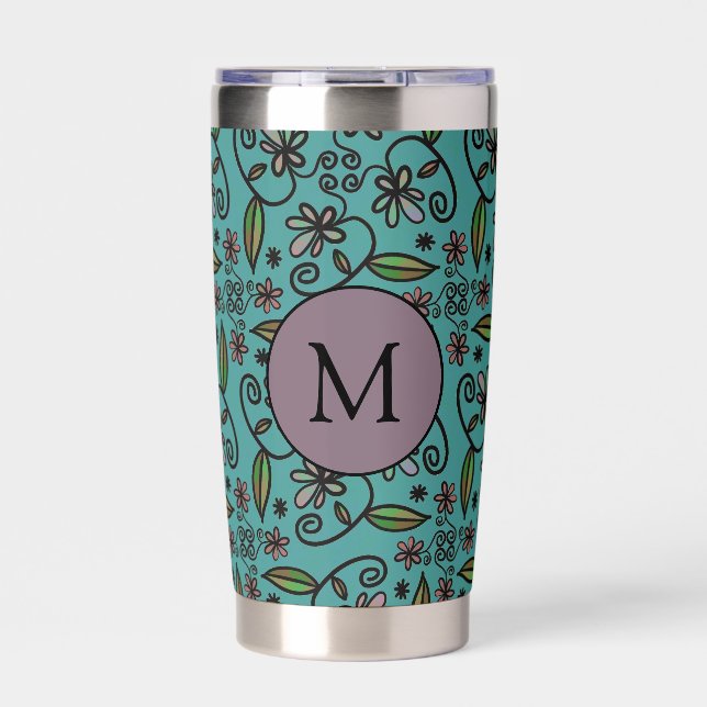Cute Teal Floral Pattern Monogram Insulated Tumbler (Front)
