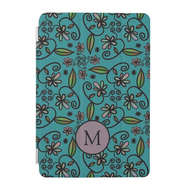 Cute Teal Floral Pattern Monogram iPad Mini Cover (Front)