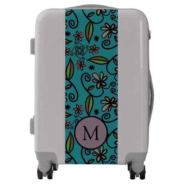 Cute Teal Floral Pattern Monogram Luggage (Front)