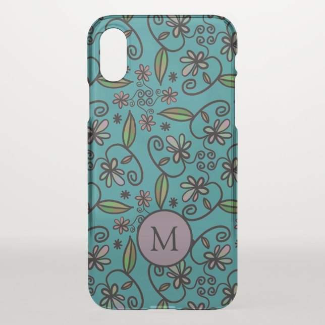 Cute Teal Floral Pattern Monogram Uncommon iPhone Case (Back)