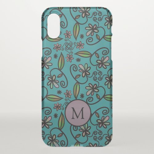 Cute Teal Floral Pattern Monogram iPhone X Case