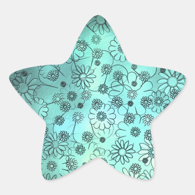 Cute Teal Floral Pattern Star Sticker (Front)